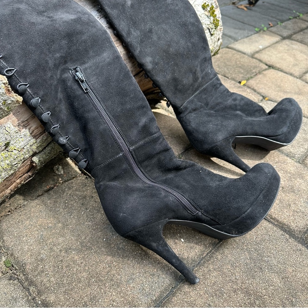 Stuart Weitzman Suede Over the Knee Button Back Platform Boots - Picture 2 of 8